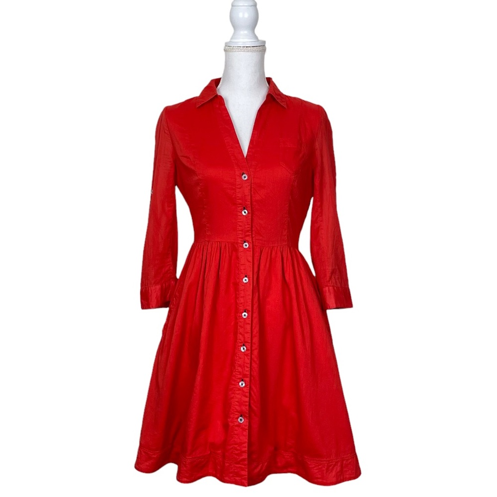 Anthropologie Moulinette Seours Red Cotton Button-Front Fit & Flare Shirt Dress